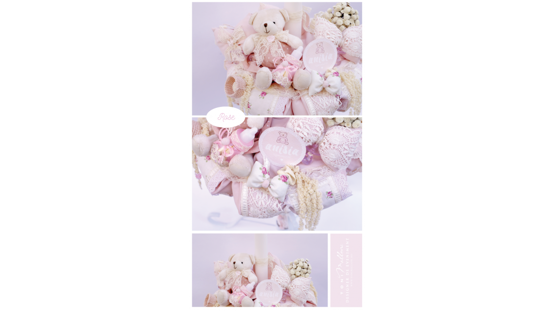 Lumanare de botez pentru fete, cu flori si ursuleti, 65x4 cm, Baby Charm 2